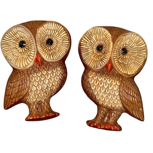 Vintage MCM Pair of Owls Wall Art 8" x 5.5" Molded Foam Looks Like Wood Lightwgt - Picture 1 of 5